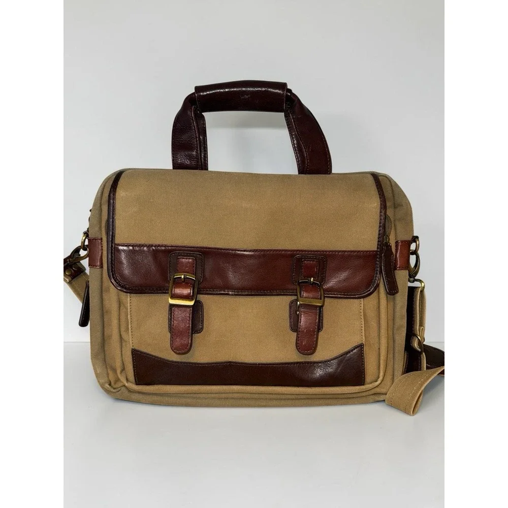 Bosca Leather & Canvas Messenger Bag Briefcase Tan & Brown Attache Laptop Work